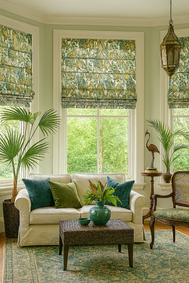 Jungle inspired Roman blinds in green tones